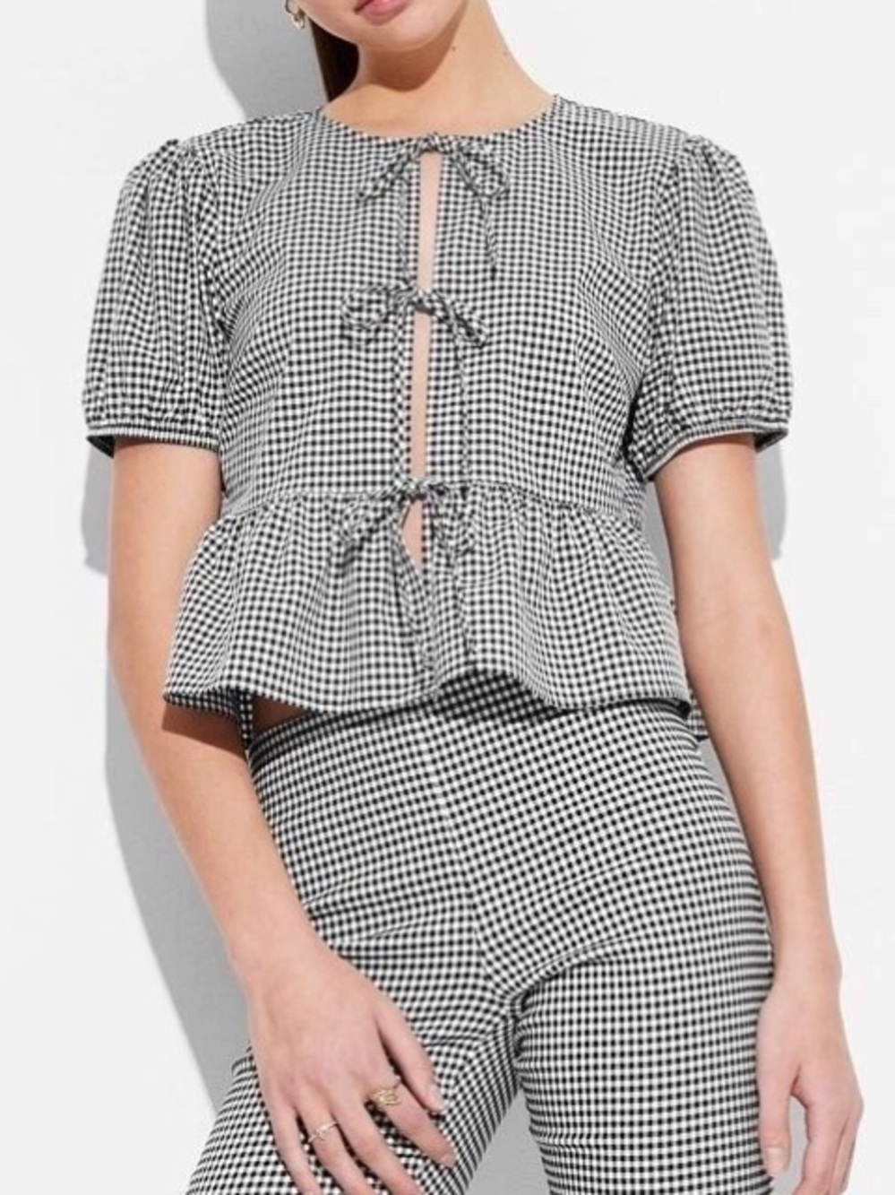 Wild Fable Black White Gingham Tie Front Peplum Puff Sleeve Blouse Large